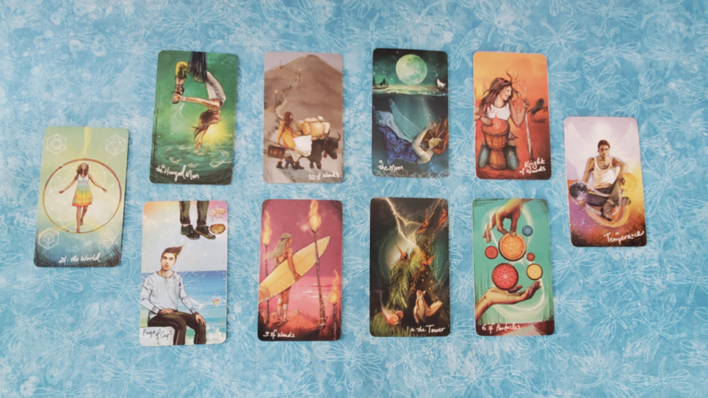 Tarot card spread on blue cloth representing reconnecting with intuition